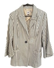 Cabi Blue/White Striped Jacket, Pockets, Button, Size 6, Flare Sleeve, Fitted