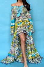 ANTICA SARTORIA TURQUISE GREEN LEMON LONG BACK SHORT FRONT DRESS O/S GORGEOUS