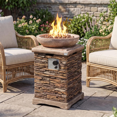 Compact 20'' Outdoor Propane Fire Pit Table with Faux Stone & 40,000 BTU