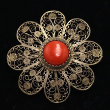 Spilla antica filigrana sarda vintage con corallo mediterraneo in argento 800