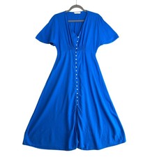 MNG Mango Linen Midi Dress Womens 6 Blue Button Up Smocked Coastal Nautical Maxi