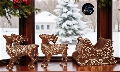 Pottery Barn Gingerbread Sleigh & 4 Reindeer  Christmas Decor NIB Centerpiece