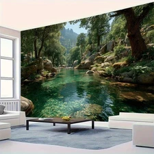 1pc Extra Large Lake Forest Landscape Tapestry - Turquoise Waters, Lush Greenery
