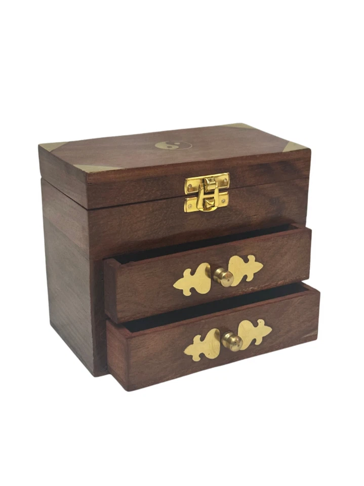 Spiritual Wooden Jewelry Box Yin Yang Carved Gift Keepsake Storage Drawers - Image 3 of 4