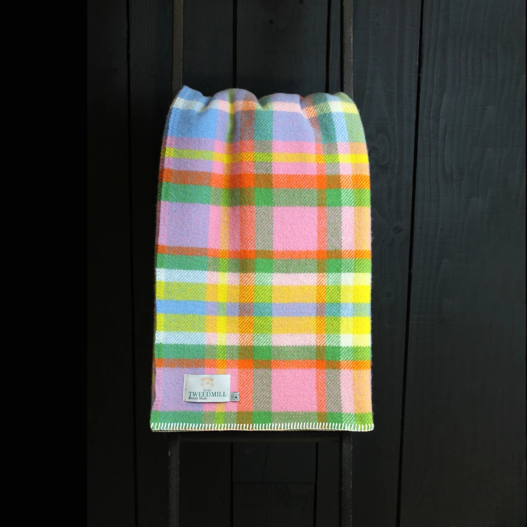 TWEEDMILL TEXTILES 100% Wool Sofa Bed Blanket Rug RAINBOW CHECK THROW
