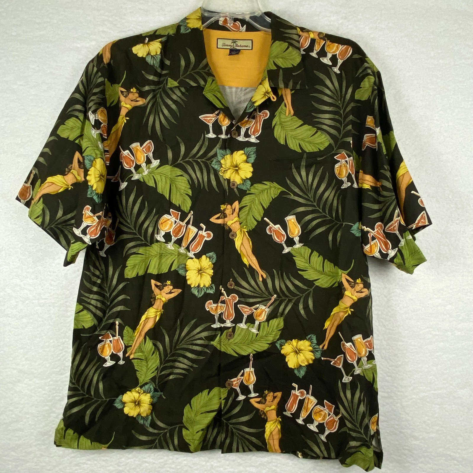 Tommy Bahama Relax Mens L Silk Shirt Black Hula Girl Cocktail Tropical Print