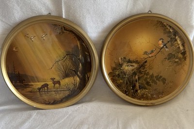 Pair Of 2 Round Frame Wall Hanging Wildlife Plaques Plates Bird Nest Deer  9 