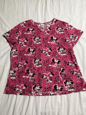 Disney Women  s Size XL Mickey  Minnie Mouse In Love Pink Valentines Scrub Top