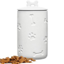 Dog Treat Container Airtight - 9"x5" Ceramic Big 9 inches by 5 inches, White