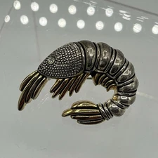 Vintage MJ Signed Shrimp Brooch With Rhinestone Eye Silver & Gold Tone Pendant 