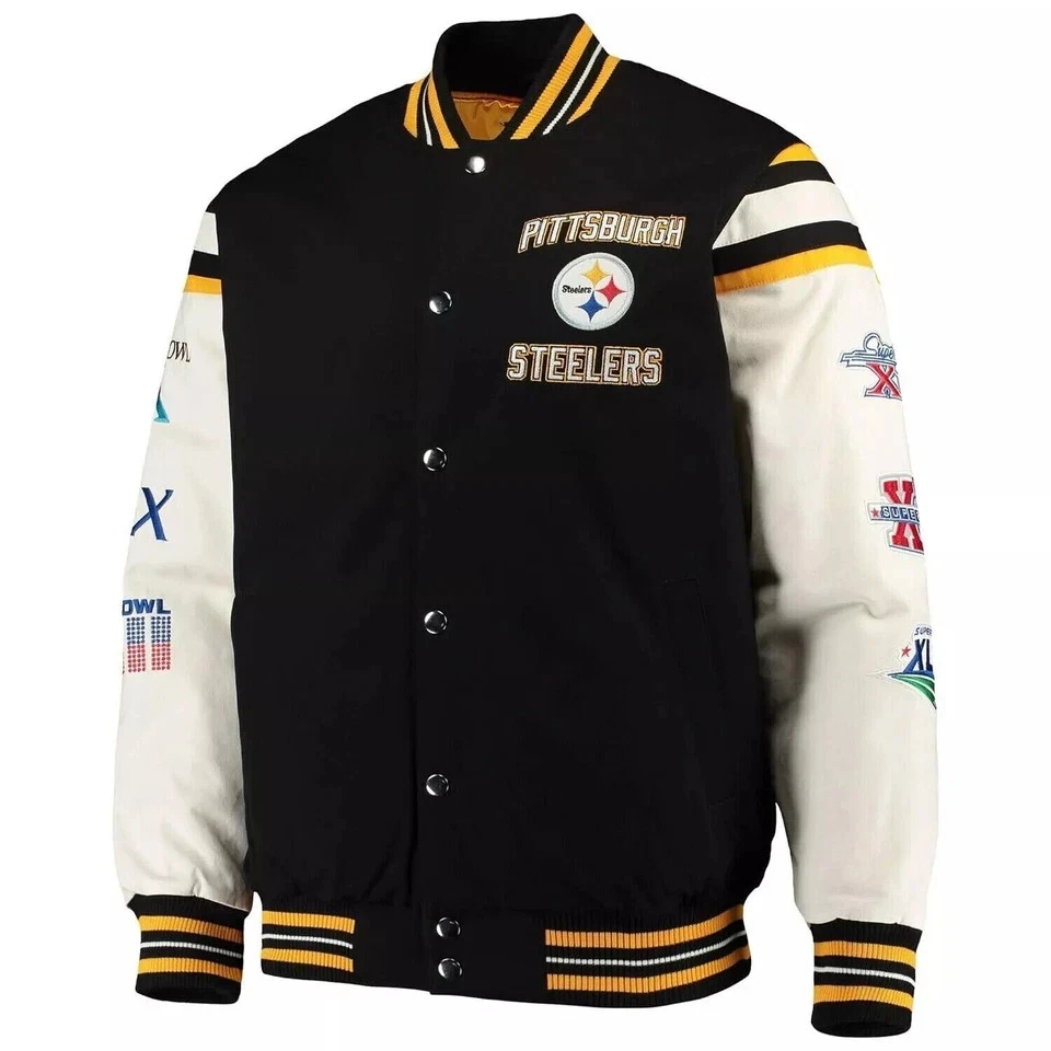 Pittsburgh 6 Time Super Bowl Champions Victory Formation Varsity Jacket, Not Leather, Not Satin