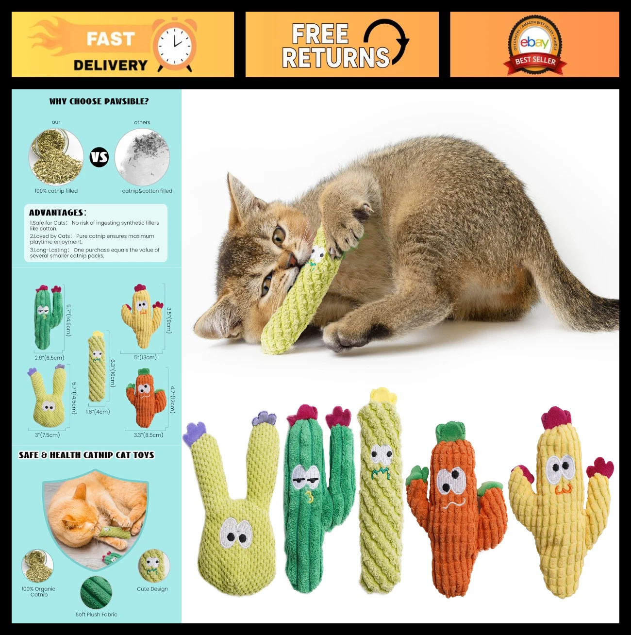 Organic Catnip Toys for Indoor Cats - Interactive Cactus Chew Toys, 5 Pack