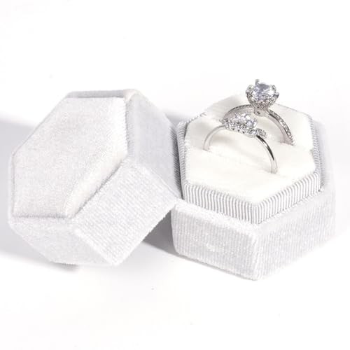 Velvet Hexagon Jewelry Box with 2 Ring Slots Vintage White