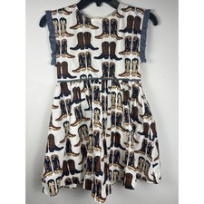 Kids Cowboy Boots Print Dress with Ruffle Sleeves White Blue Brown Size8Y