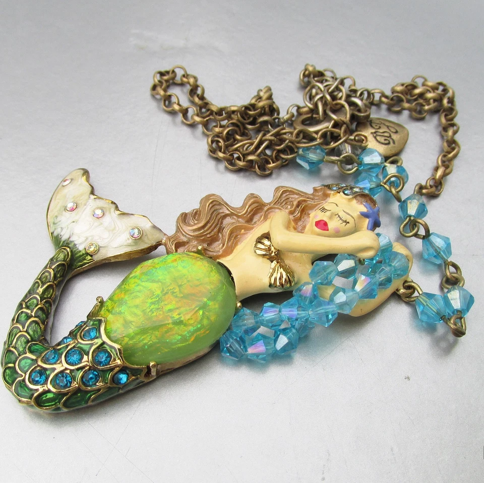 Retired Betsey Johnson INTO THE BLUE SEA Faux Opal Mermaid Pendant Necklace - Image 2 of 4