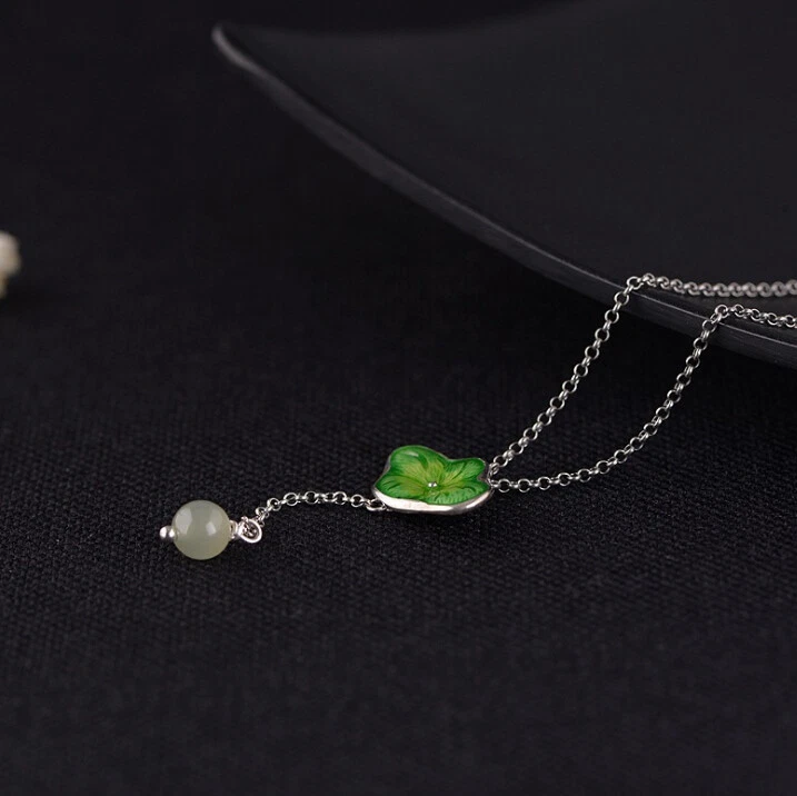 I05 Ciondolo con Collana Argento Sterling Verde Foglia Loto Cloisonne Giada - Immagine 2 di 4