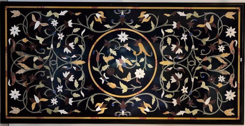 48-Inch Black Marble Dining Table with Floral Pietra Dura Inlay Handcrafted Design
