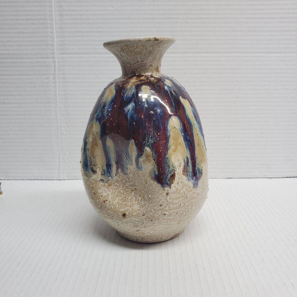 茶 toyoS Vintage JAPANESE TOYO POTTERY Vase Drip-Glaze Concave Sides 8-1/2