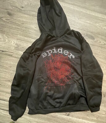 Black spider hoodie large, red rhinestone print, READ DESCRIPTION