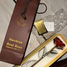 Sinvitron Gold Dipped Rose 24K Real Rose Long Stem Gold Plated Rose w/ Stand