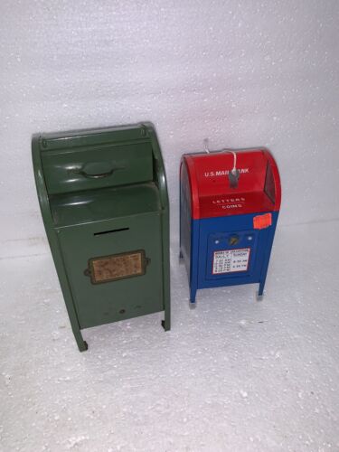 VINTAGE AMERICAN U.S. POST OFFICE DROP MAILBOX PRESSED STEEL COIN BANK 2pc - Picture 1 of 16
