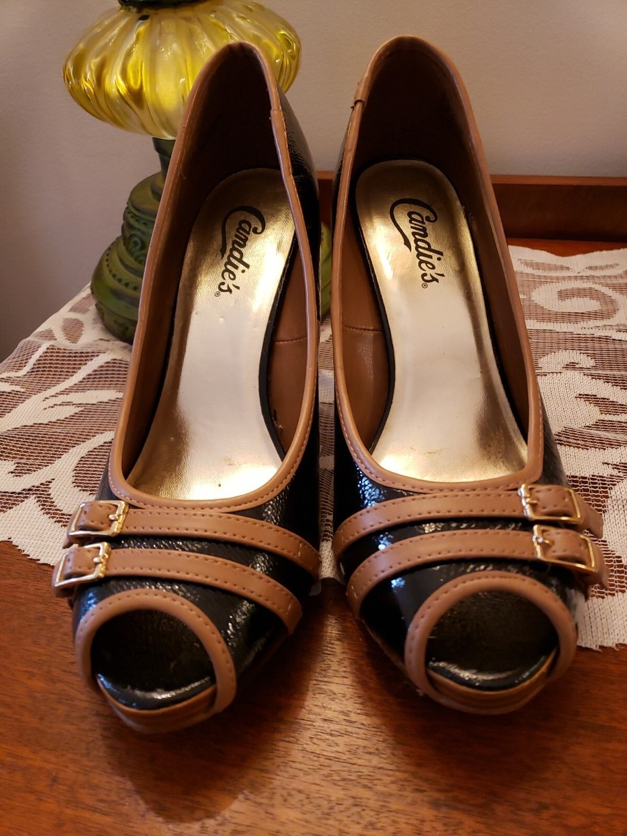 Candies Womens M Black Patent Peep Toe Stiletto Heels Brown Accents WORN  ONCE - Main Image