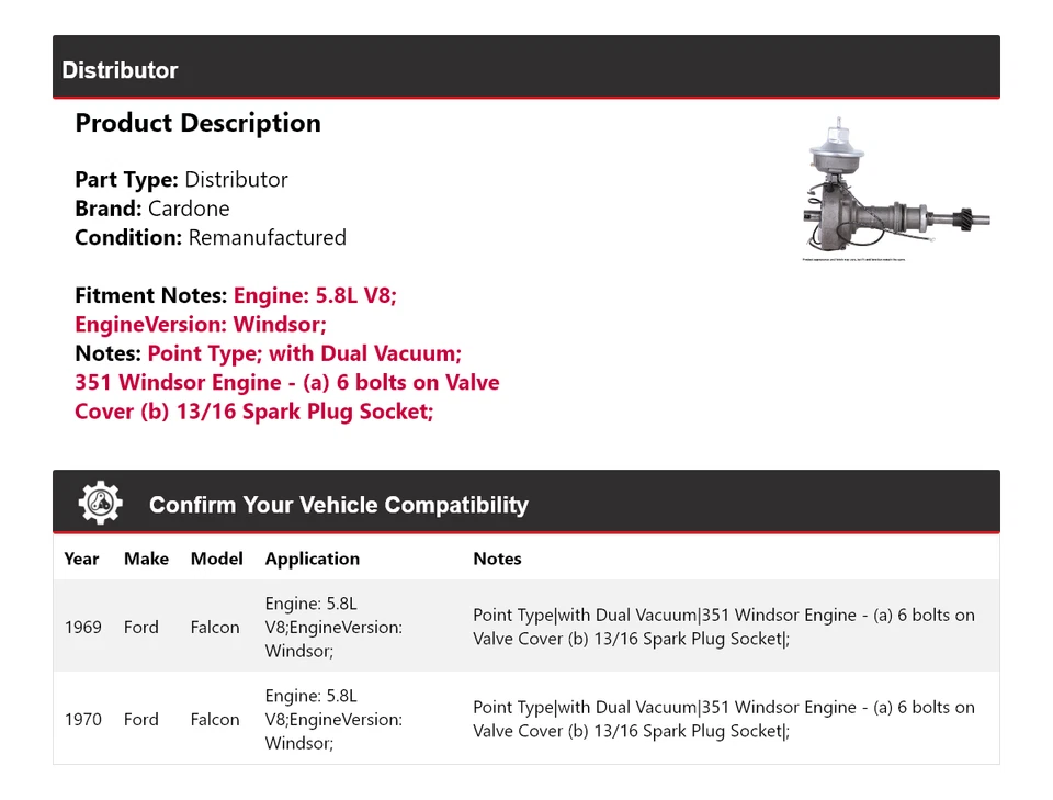 Ford Falcon 1969-1970 5,8 L V8 distribuidor Cardone Foto 2 de 4
