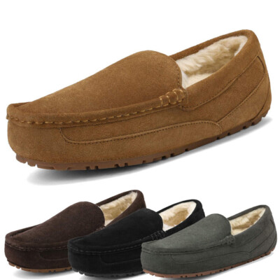 Men's Suede Leather Fur Slippers Moccasin Slip-on Casual Loafers