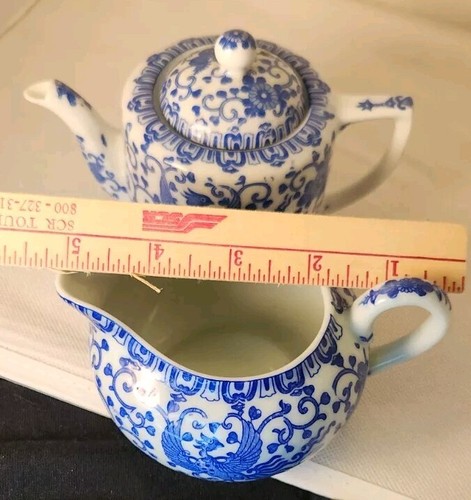 VTG. JAPAN NORITAKE PHOENIX BIRD DESIGN BLUE &WHITE SM.TEAPOT & CREAMER - Picture 10 of 15