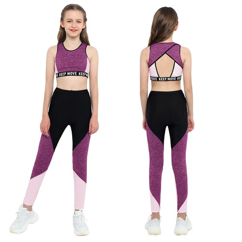 Kids Workout Running Sports Suit Midriff-Baring Tops+Tight Pants Yoga Tracksuit - Picture 18 of 20