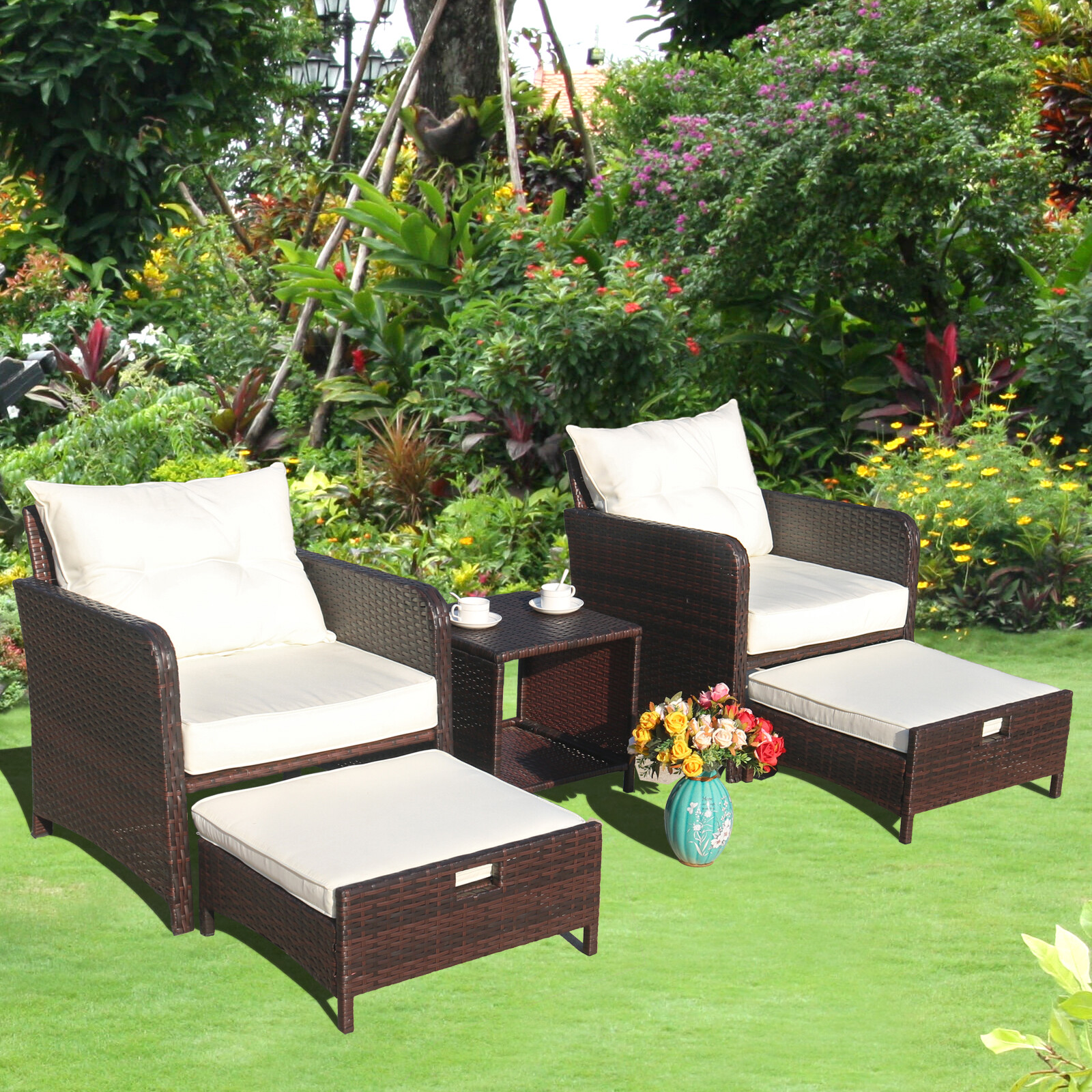 5 Piece beige Patio Conversation Set PE Wicker Rattan Outdoor Lounge
