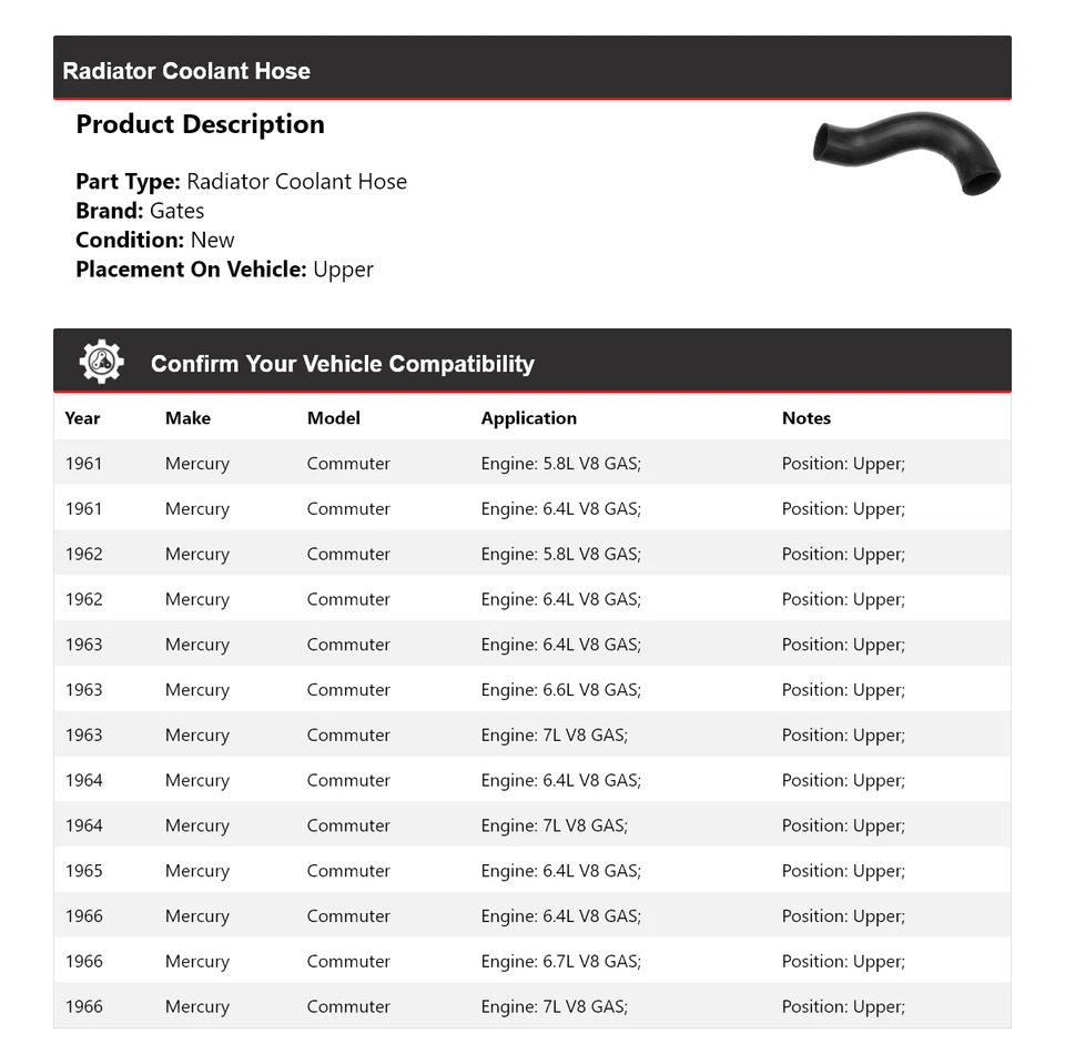 For 1961-1966 Mercury Commuter Radiator Coolant Hose Upper Gates 1962 1963 1964 - Image 2 of 4
