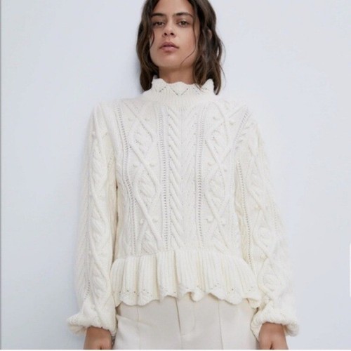Zara Womens M Ivory Cable Knit Ruffle 
