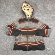 Eddie Bauer Sweater Youth XL Gray Full Zip Hooded Sherpa Lined Stripe Knit Warm