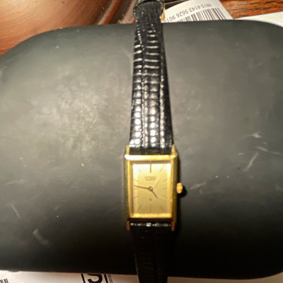 Citizen Women's Gold Tone Rectangle Quartz Dress Watch Black Leather Strap