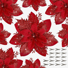15 PCS Poinsettia Flower Artificial Poinsettia with Clips Christmas Decor Glitte
