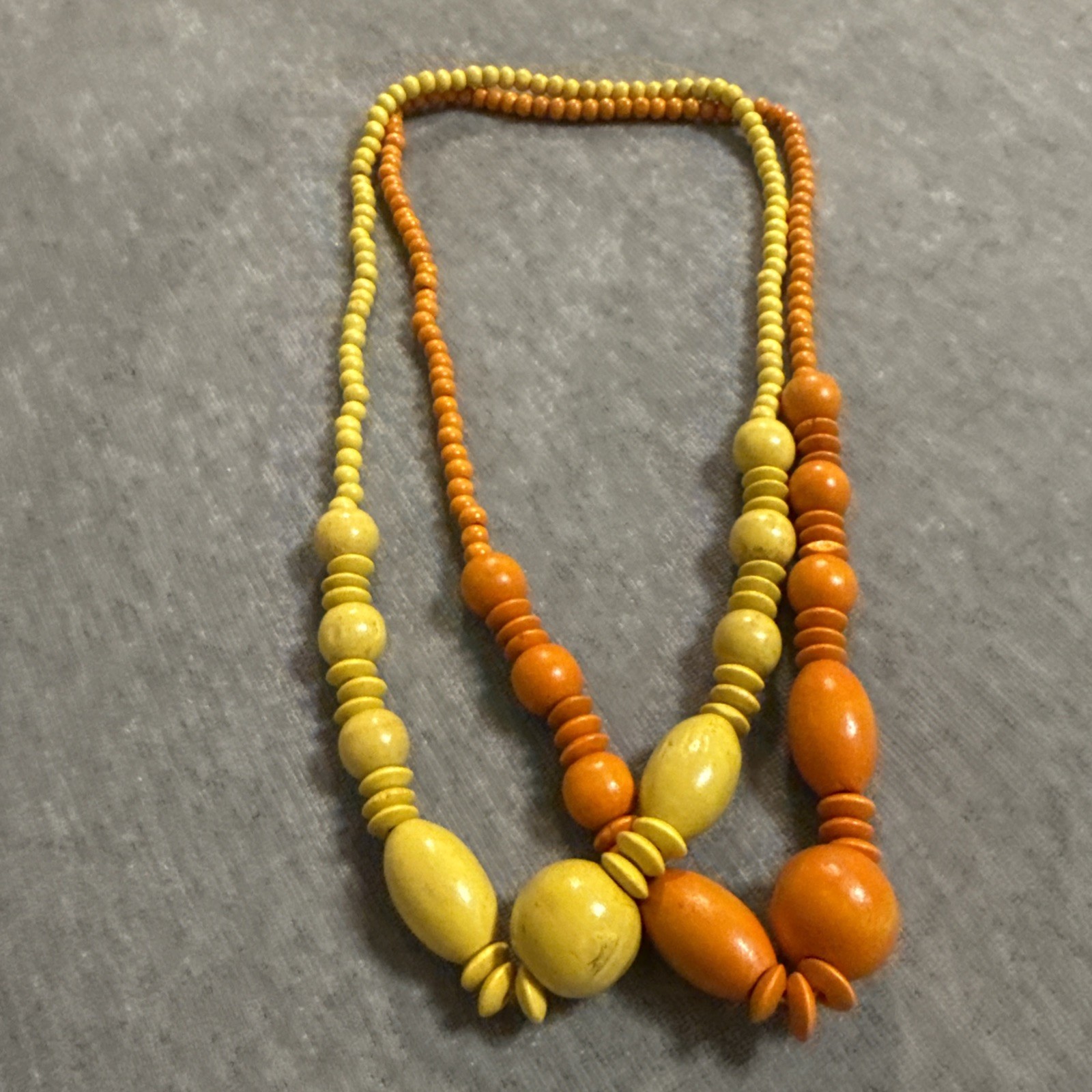 VTG Lot Of 2 Chunky Beaded Necklace Wood Grain Orange Yellow Bright Boho