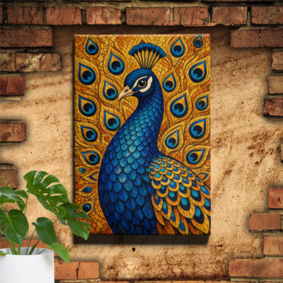 Byzantine Peacock Mosaic Wall Art Blue Golden Intricate Design Framed Decor
