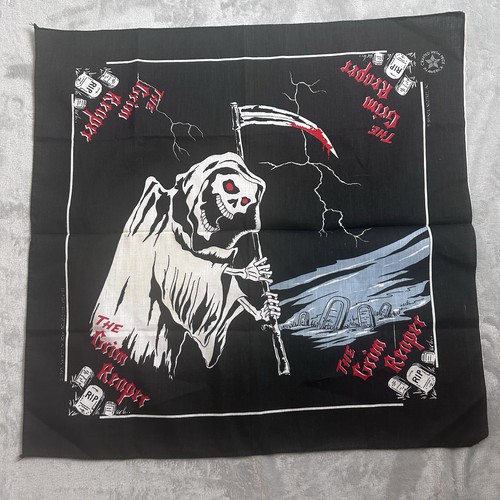 VTG 90s Grim Reaper Bandana Black Tombstone Biker Handkerchief USA Made RN 16462