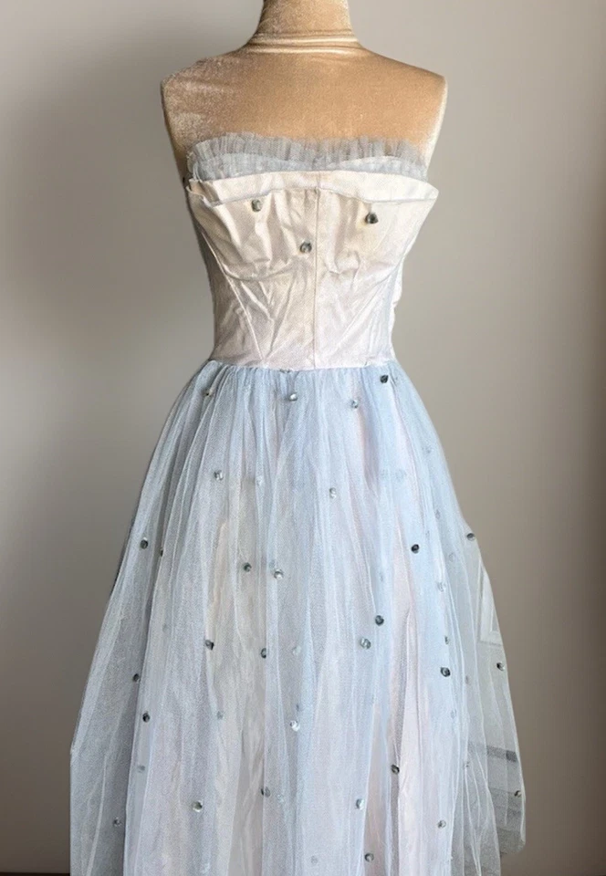 Vintage 50s Powder Blue Prom Dress Pom Pom Cinderella Full Skirt Pinup Wedding - Image 3 of 4