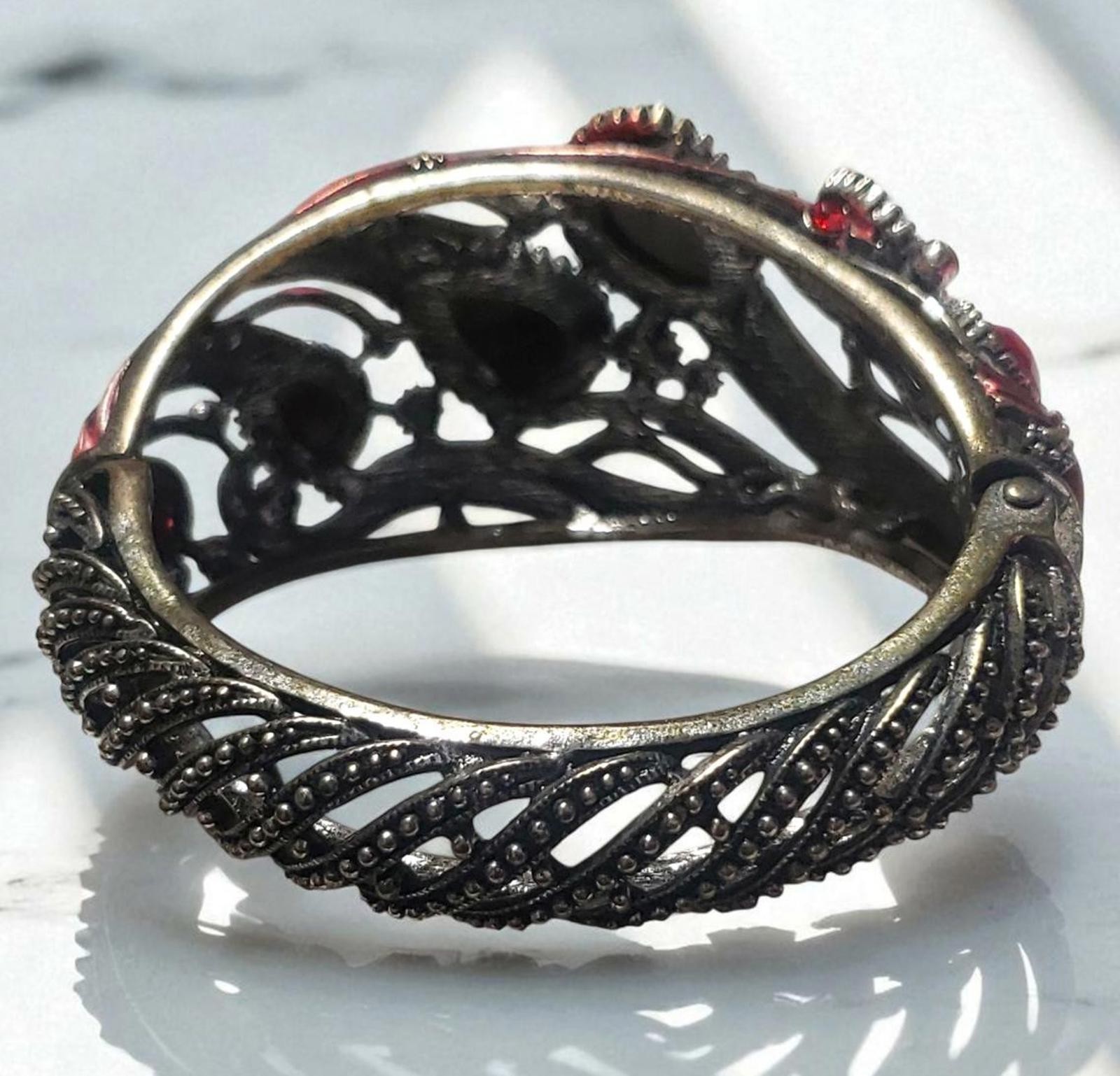 Ruby Red Bracelet – Hinge Clasp, Ornate Filigree … - image 2