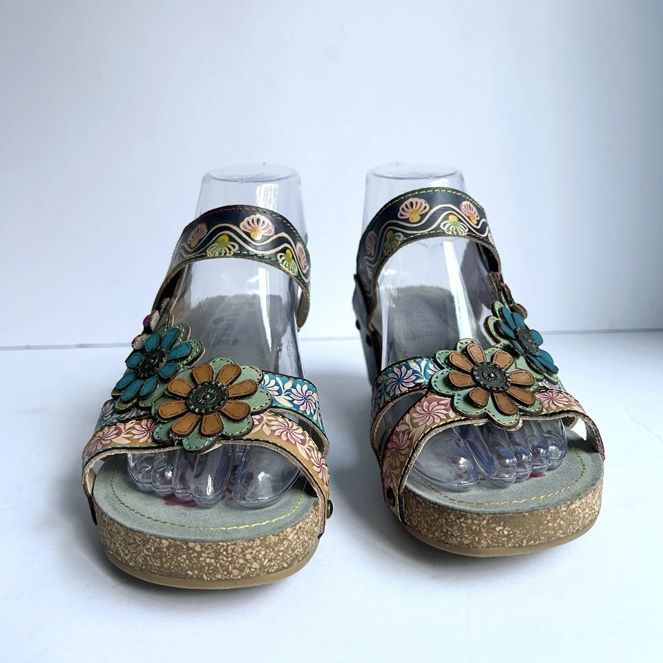 Sandálias anabela L Artiste couro boho hippie UE 39 EUA 8,5 arte para usar coloridas 3D - Imagem 3 de 4