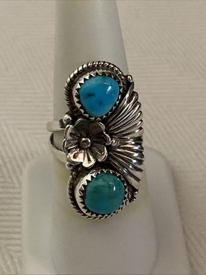 Navajo Frank Chee Signed Sterling Silver Turquoise Squash Blossom Ring Size 6
