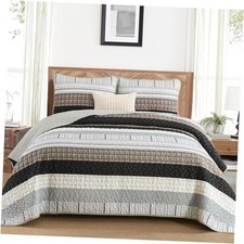 Striped Quilt Set Size Boho Bedspread Set 3 Pieces Patchwork King Brown