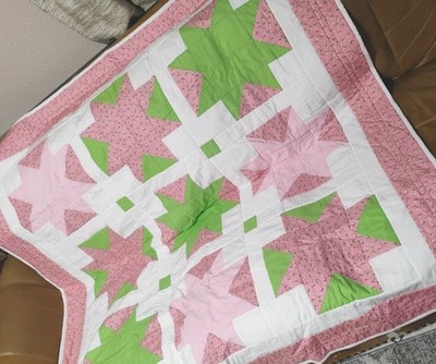 Handmade Sawtooth Star Quilt Baby Or Lap Size Floral Cotton Patchwork 59''x58'' 