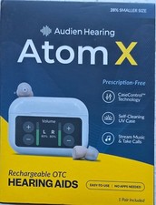 AUDIEN HEARING ATOM X RECHARGEABLE OTC HEARING AIDS, BLUETOOTH. BRAND NEW