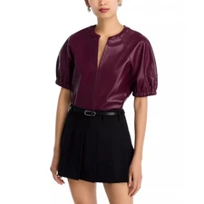 Steve Madden Women Wine Red Faux Leather Boxy Roxanne Split Neck Top Size S