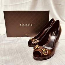 GUCCI Horsebit Open Toe Pumps US 6 EU 36 Brown Leather