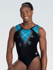 GK Elite Shiny Turquoise Black Trim Tank Jewel Gymnastic Leotard CM 7-8