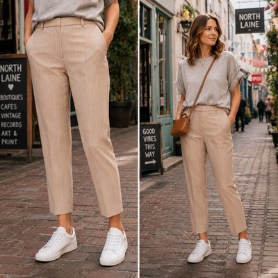 Stradivarius Beige Pinstripe Crop Slim Trousers UK 6 8 Lightweight Ankle Grazer